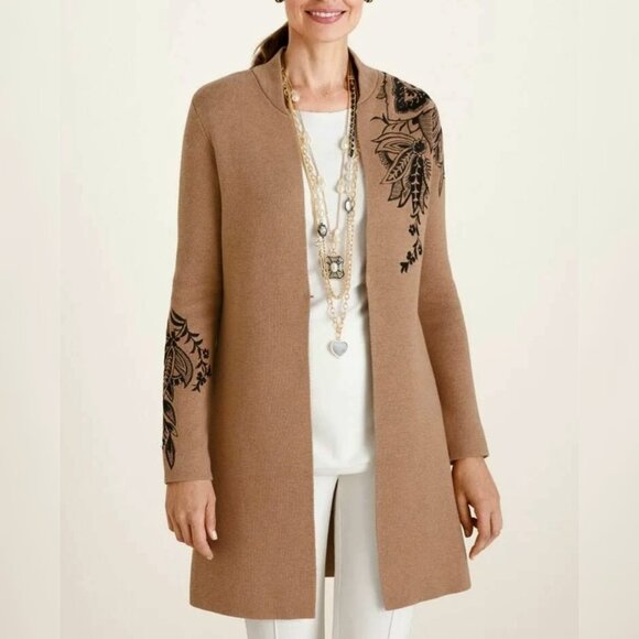 Chicos 1/M Women's Long Floral Embroidered Cardigan Neutral Luxe Dusty Brown - Picture 1 of 9